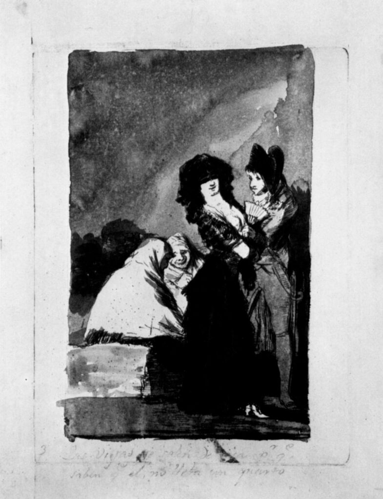 Francisco de Goya y Lucientes: Zeichnungen für »Los Caprichos«: »Neunzehnter Traum, Die alten Lachen sich tot, weil sie wissen, daß er nicht einen Pfennig besitzt«, 1797–1798, Feder in Sepia, mit Chinatusche laviert, auf Papier, 24,5 × 18,5 cm. Madrid, Museo del Prado.