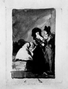 Francisco de Goya y Lucientes: Zeichnungen für »Los Caprichos«: »Neunzehnter Traum, Die alten Lachen sich tot, weil sie wissen, daß er nicht einen Pfennig besitzt«, 1797–1798, Feder in Sepia, mit Chinatusche laviert, auf Papier, 24,5 × 18,5 cm. Madrid, Museo del Prado.