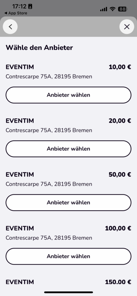 Anbieter wählen: Eventim 10 bis 150 Euro